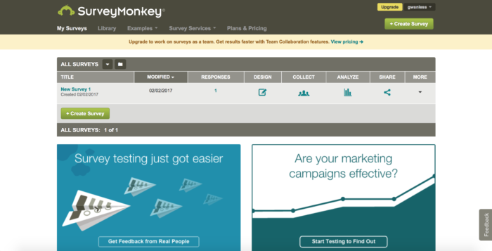 Survey tools: survey monkey homepage